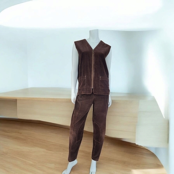 San Fransisco Pants - Vintage corduroy brown vest & brown high waist pants & sleeveless jacket